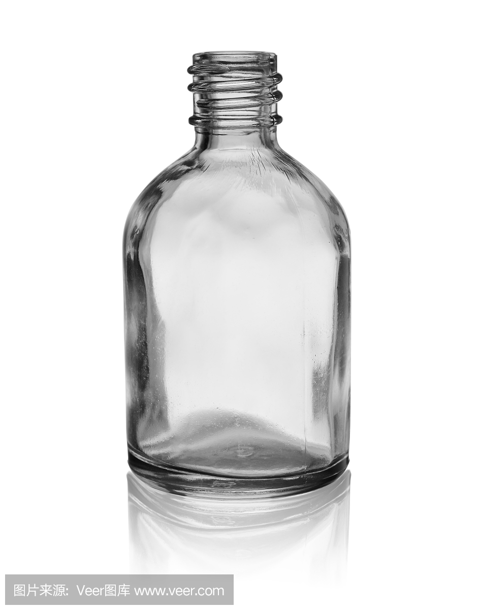 装有医疗产品的玻璃瓶,在白色背景上有反射和阴影